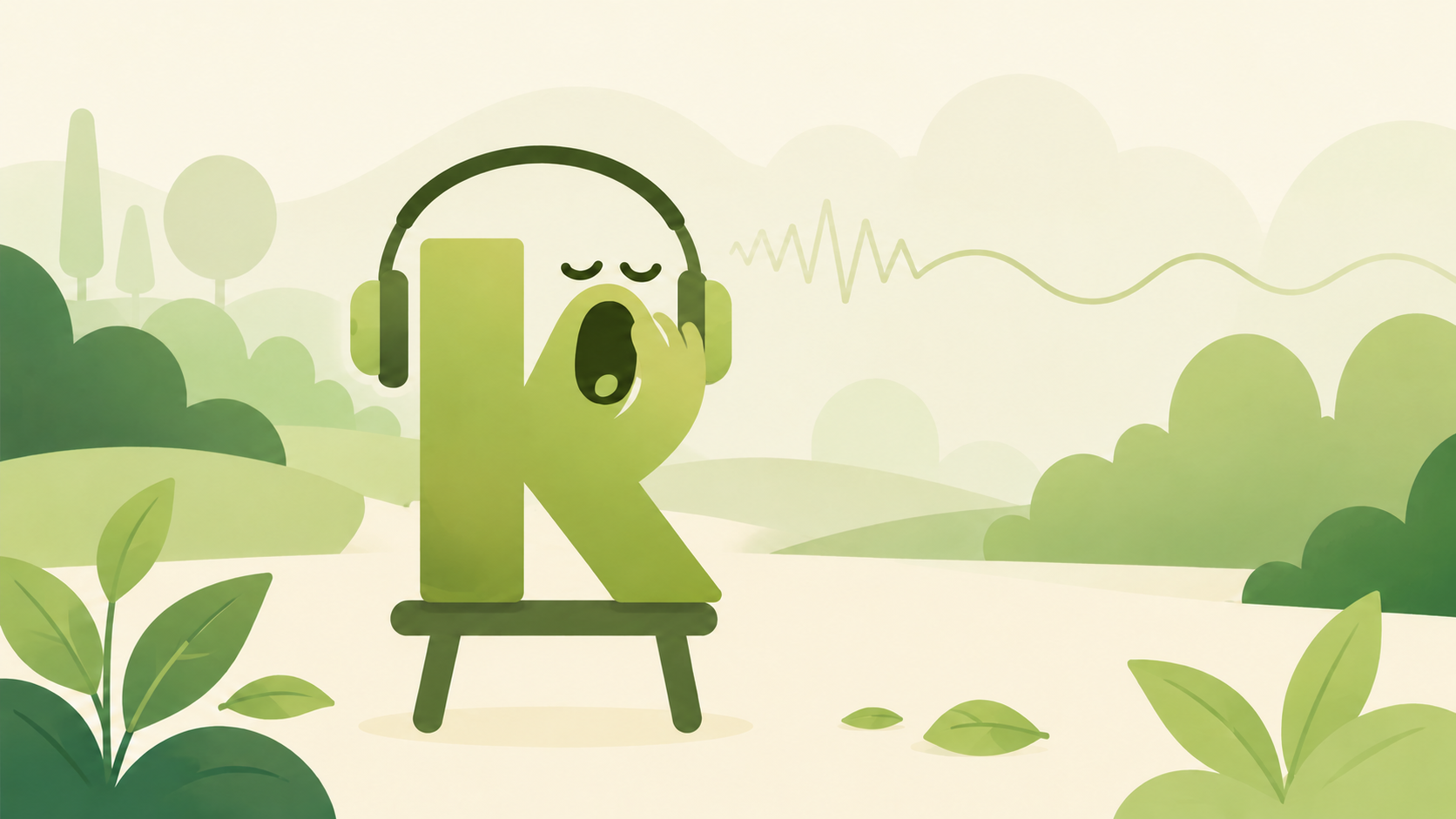 Ilustración de la mascota K de SiestaK bostezando con auriculares en un paisaje verde