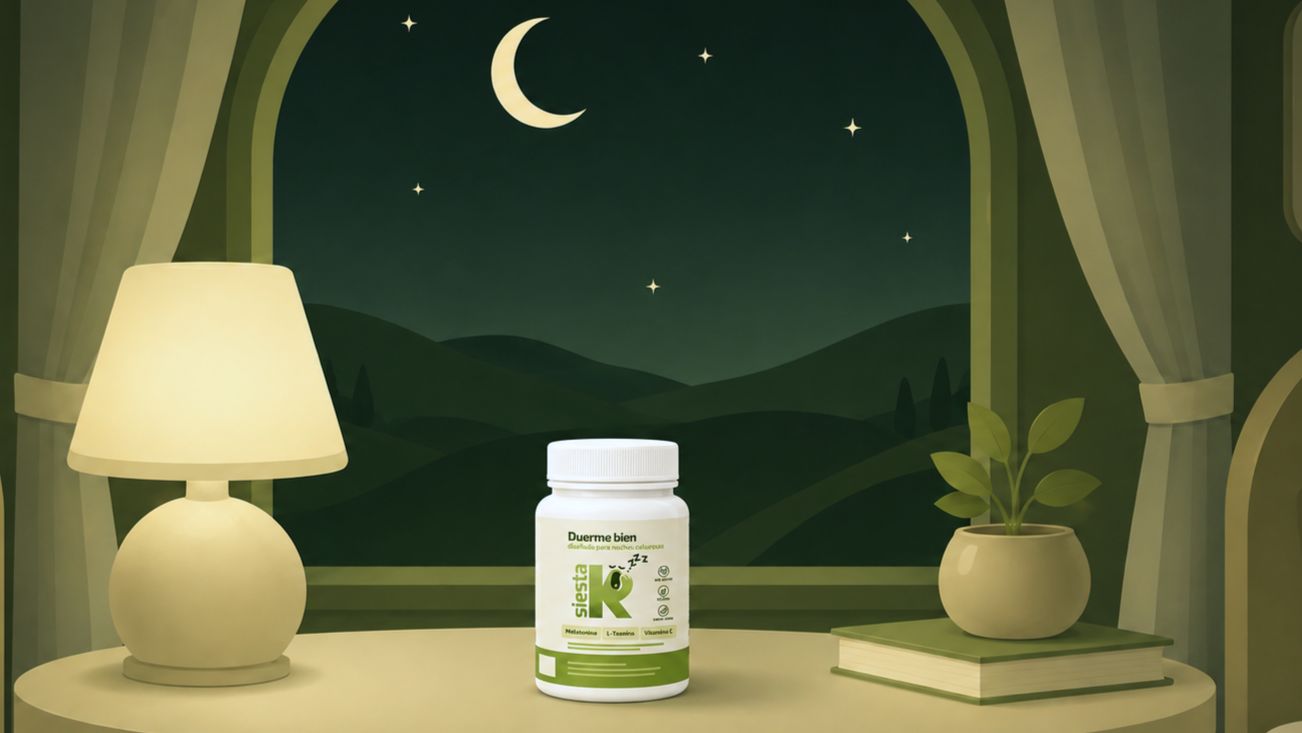 Bote de SiestaK en una mesita de noche junto a una ventana con luna y estrellas, ilustración en tonos verdes