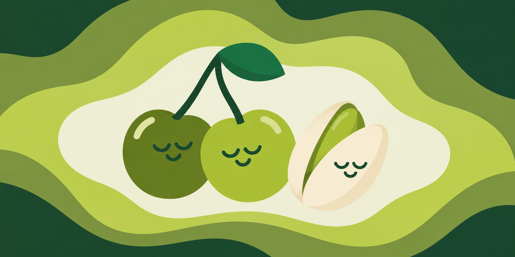 Melatonina en pistachos y cerezas: ¿sirve de algo comerlos? Las cantidades reales frente a un comprimido Ilustración de dos cerezas verdes y un pistacho con caras dormidas y sonrientes sobre ondas en tonos verdes