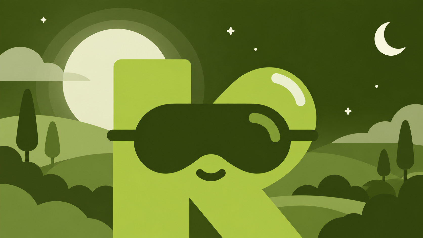 Ilustración nocturna de una letra con antifaz para dormir sobre un paisaje verde con luna y estrellas