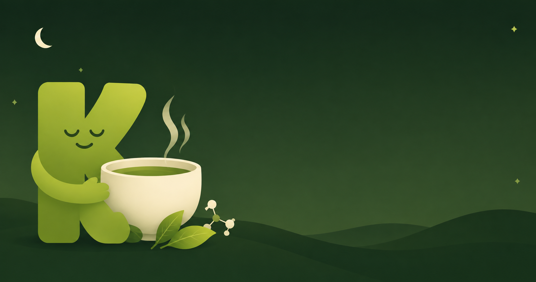 Taza de té verde con hojas frescas sobre una superficie azul lavanda, luz suave de atardecer