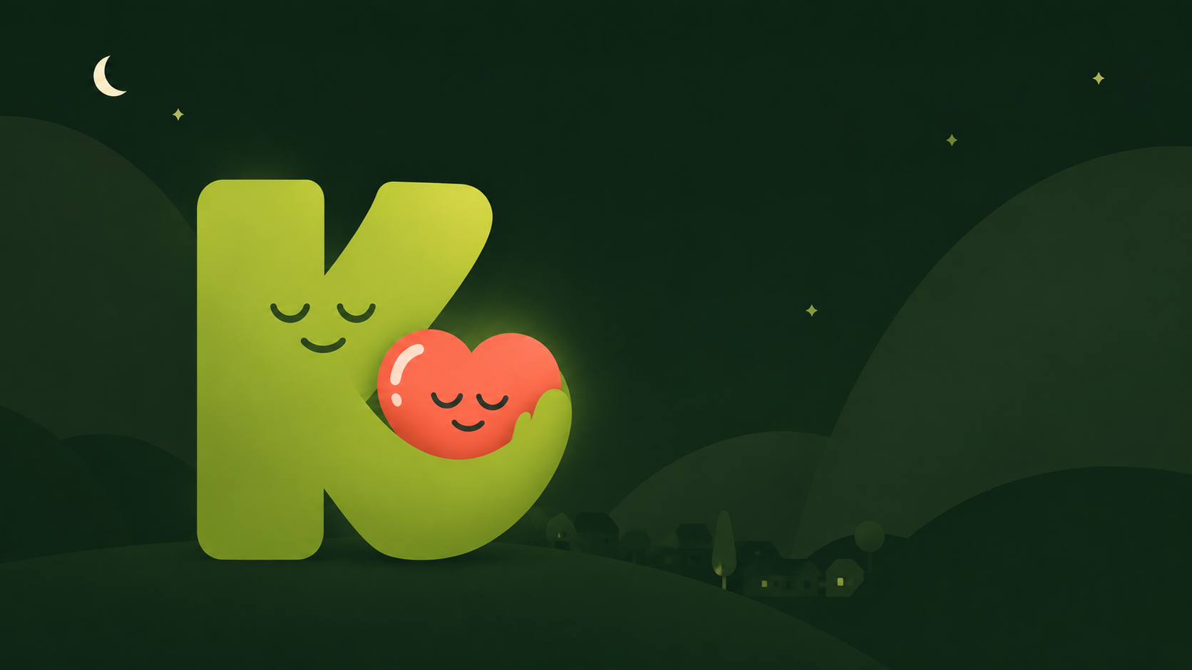 Ilustración nocturna de la mascota K de SiestaK abrazando un corazón bajo un cielo estrellado