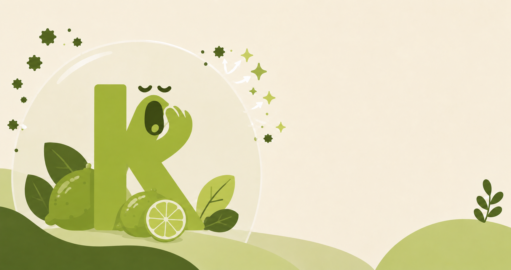 Ilustración de un escudo protegiendo células, con una rodaja de lima, una hoja de té verde y una luna creciente